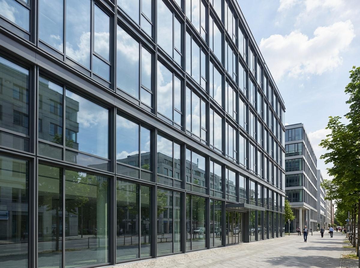 Perete cortină din aluminiu și sticlă pe clădire modernă de birouri