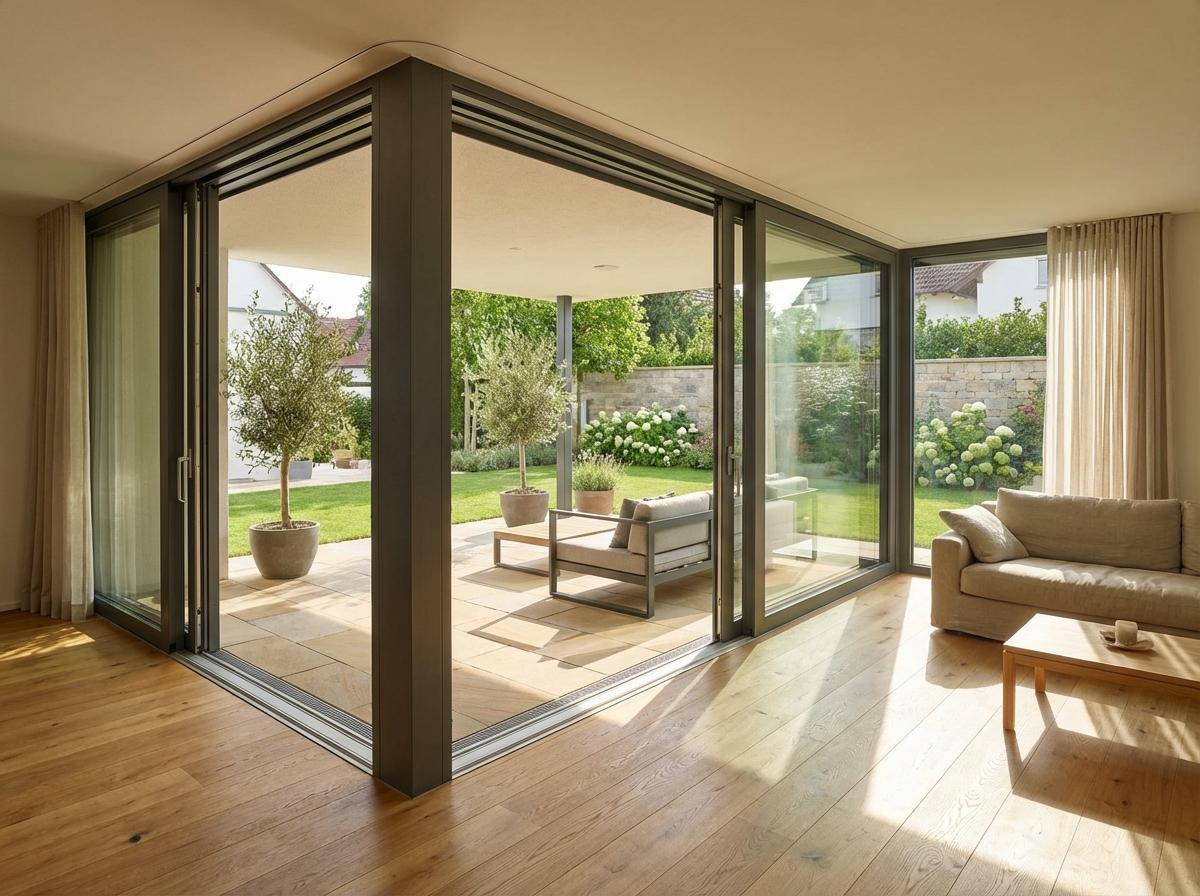Ușă culisantă din aluminiu cu geam panoramic deschisă spre terasă
