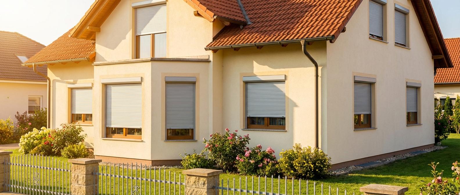 Casă modernă cu rulouri exterioare din aluminiu antracit — vedere exterioară.