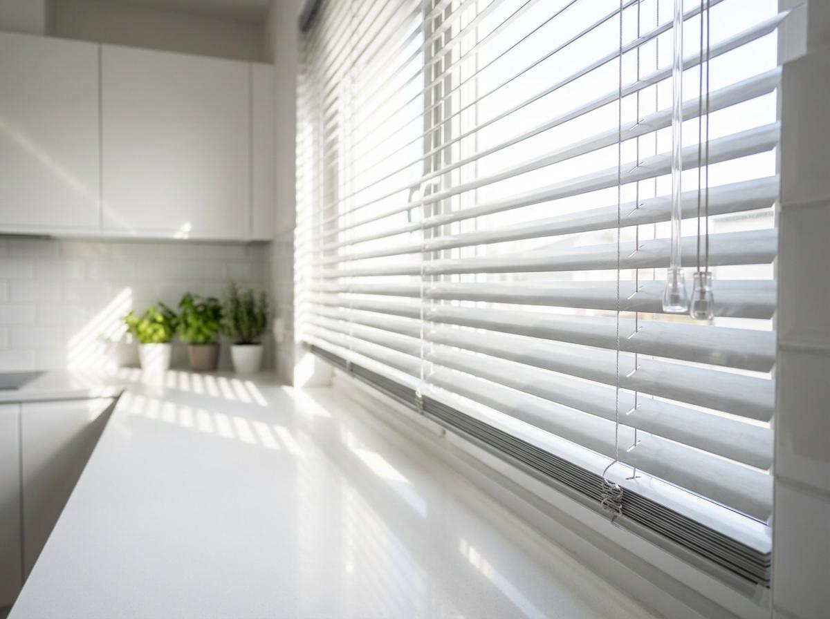 Jaluzele orizontale din aluminiu argintiu pe fereastră de bucătărie modernă