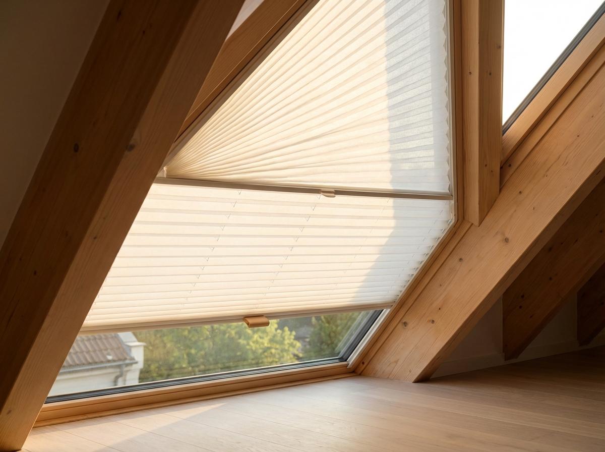 Jaluzele plisate pe fereastră trapezoidală de mansardă — pliuri tip acordeon