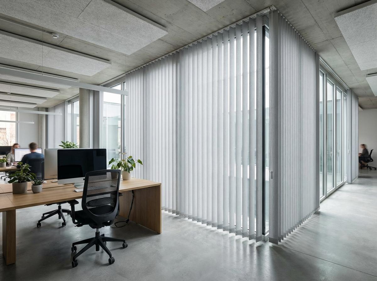 Jaluzele verticale textile gri în birou modern cu ferestre mari