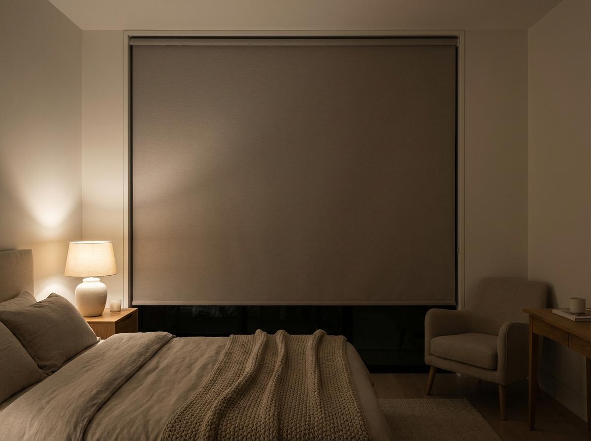 Rolete textile blackout gri într-un dormitor modern — design minimalist