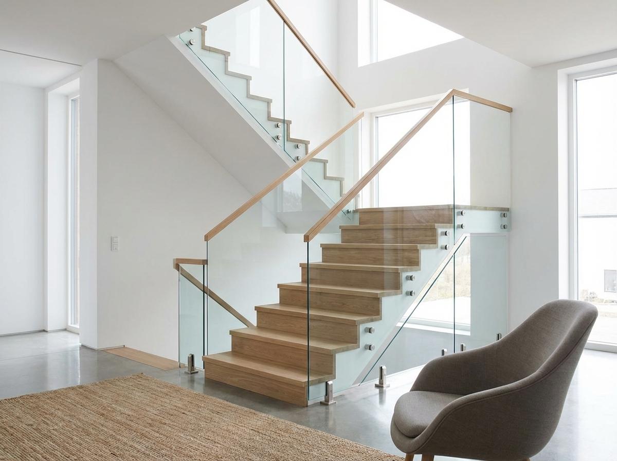 Balustradă din sticlă securizată pe scară interioară cu spigoti inox și mână curentă lemn