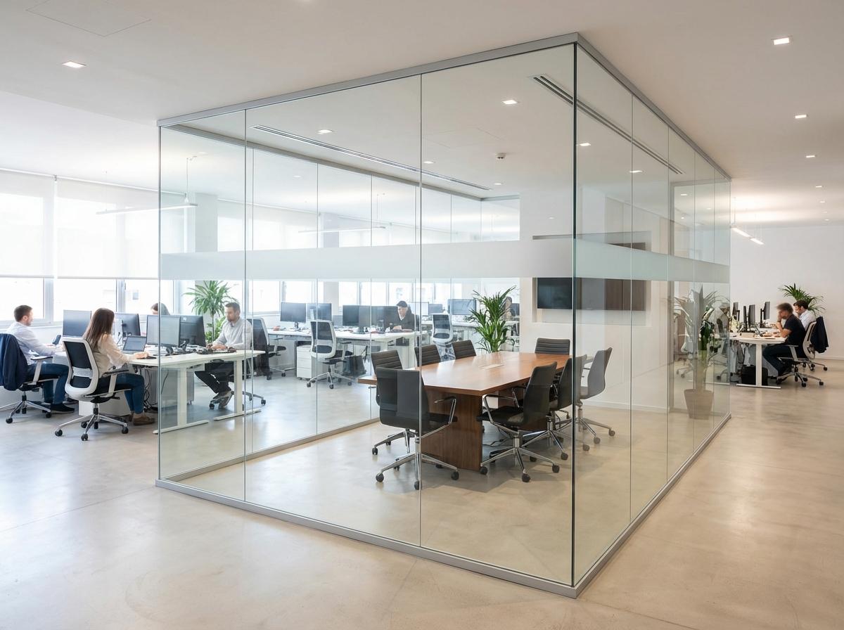 Compartimentare interioară din sticlă securizată în birou modern cu bandă sablată