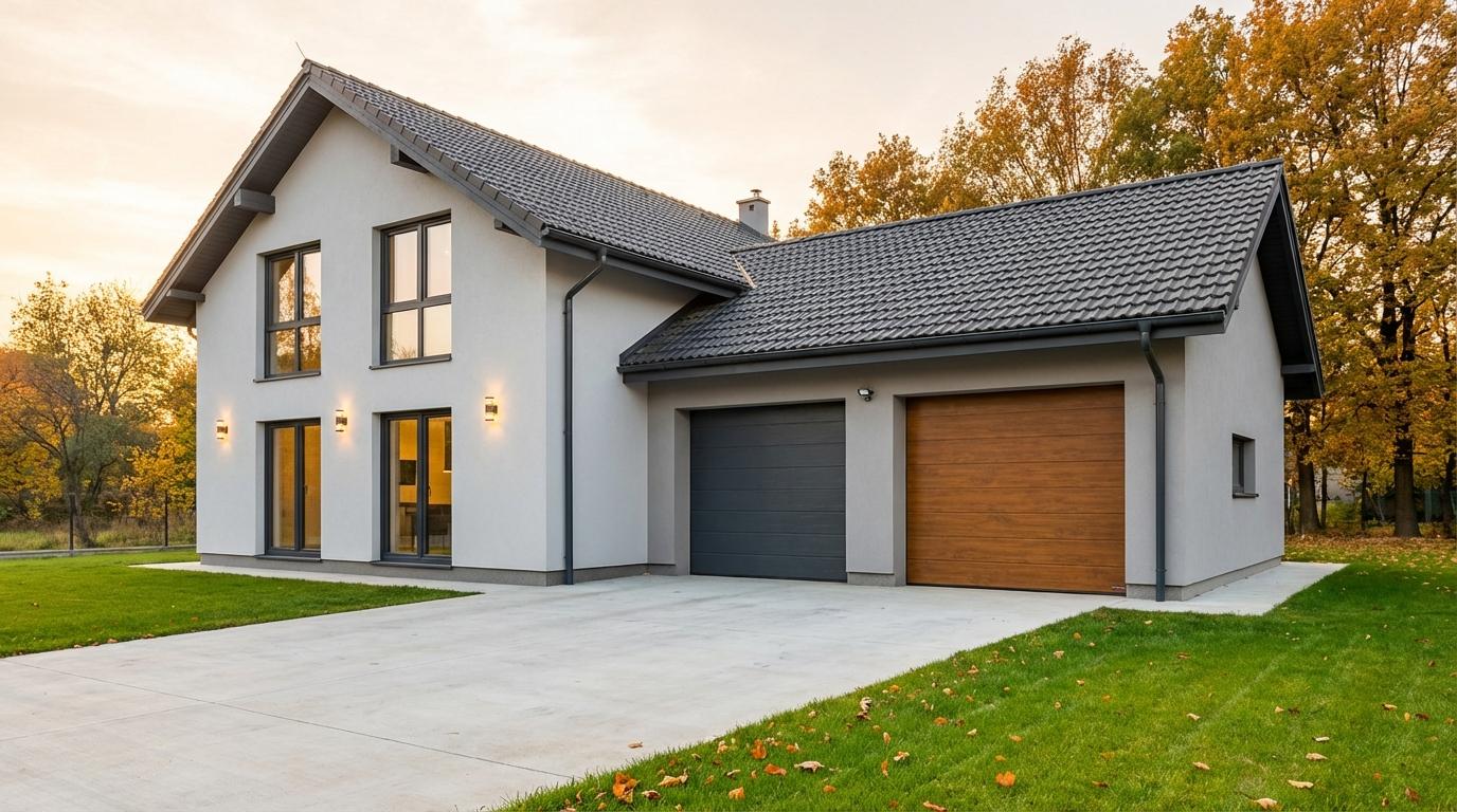 Casă modernă cu ușă de garaj secțională woodgrain — montaj profesionist