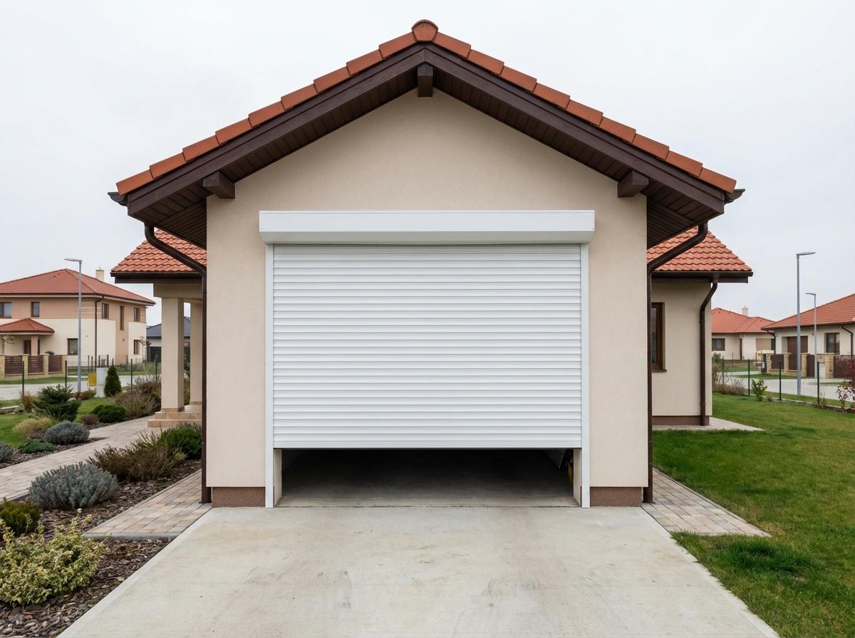 Ușă de garaj tip rulou albă din aluminiu pe casă românească — casetă compactă