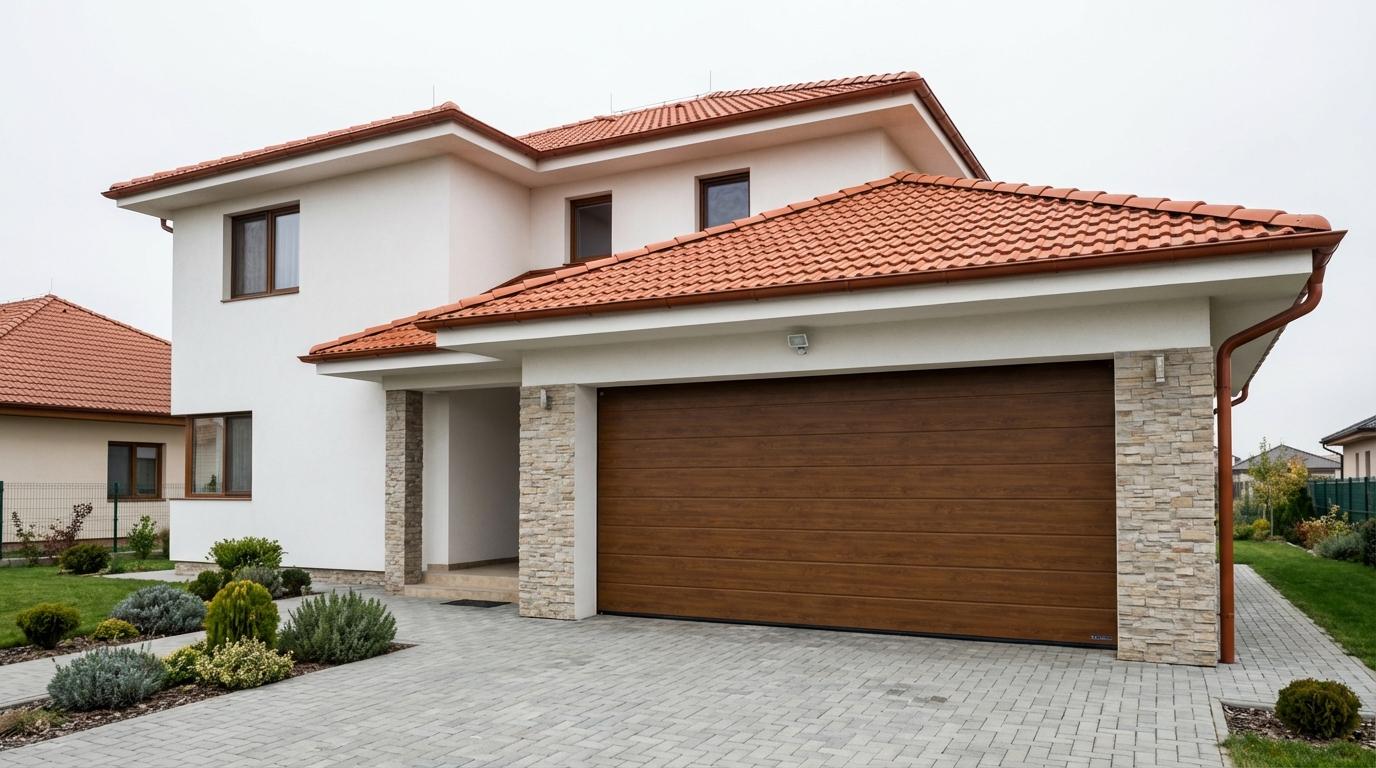 Vilă modernă cu ușă de garaj secțională woodgrain — montaj TERMOCLASS