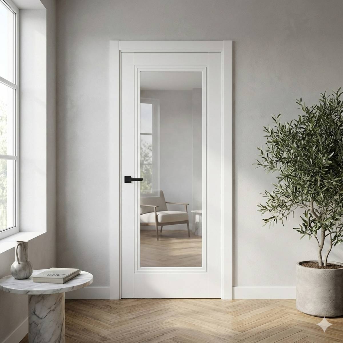 Ușă de interior albă cu panou de sticlă transparentă