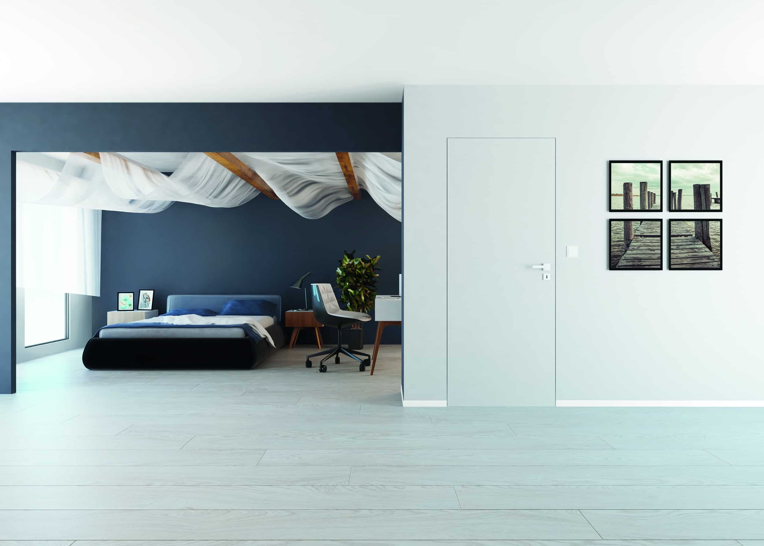 Ușă filomuro ascunsă la nivelul peretelui alb, dormitor modern