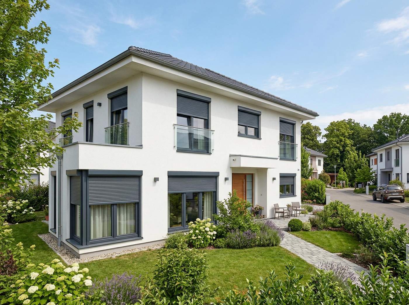 Casa moderna cu rulouri exterioare antracit montate pe ferestre, fatada alba curata.