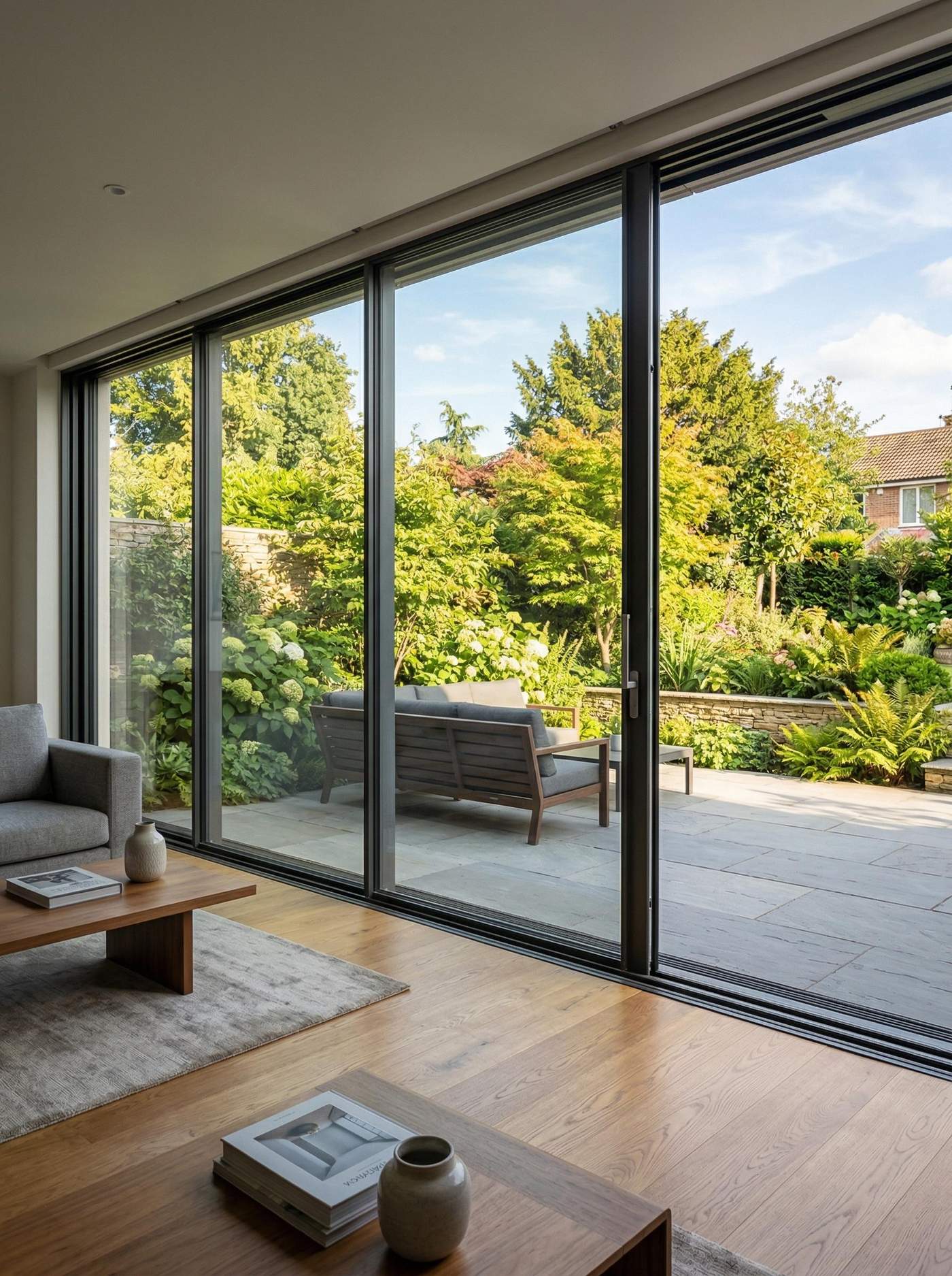 Usi culisante mari din sticla cu profil slim de aluminiu, deschise catre terasa cu gradina verde.