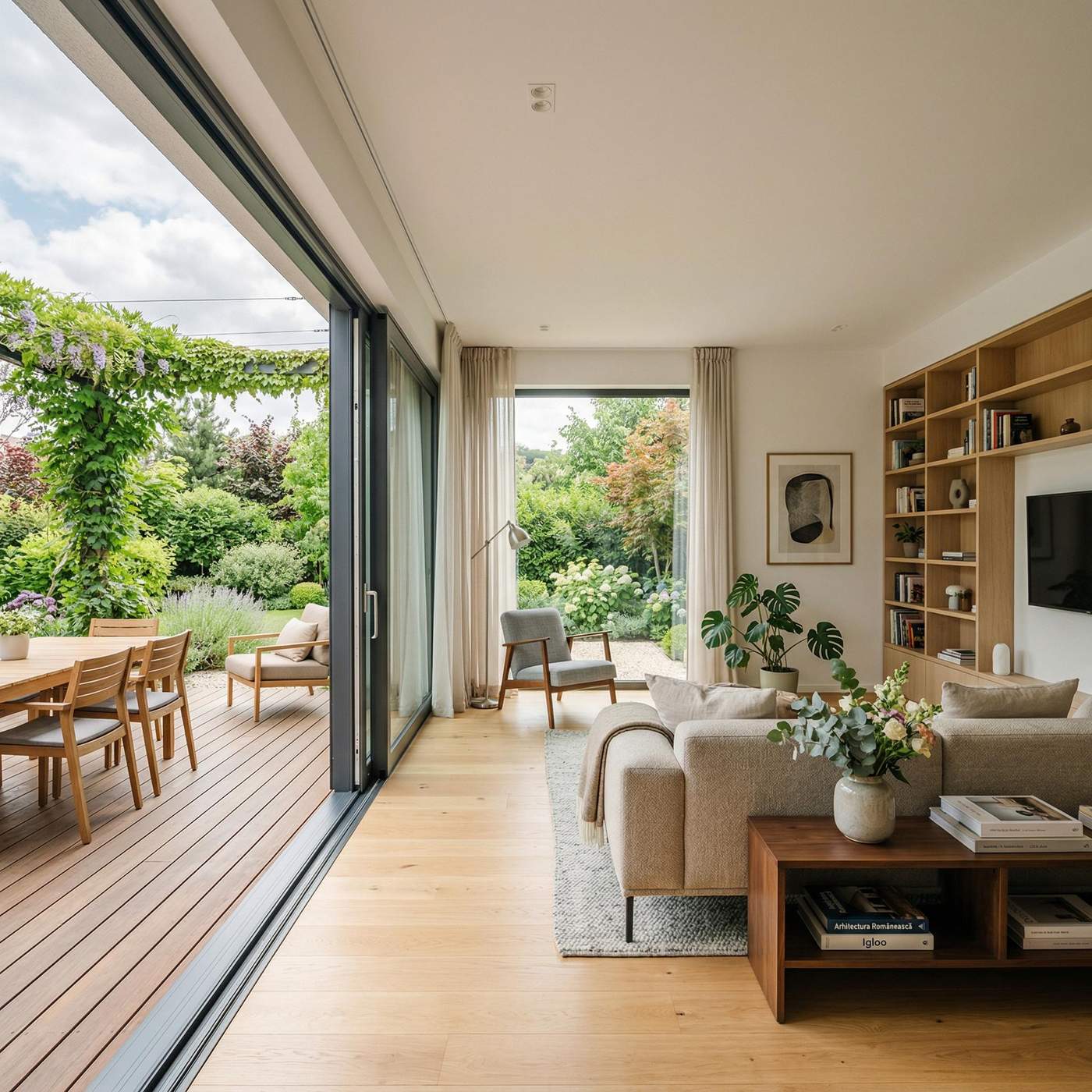 Interior luminos cu usi culisante din sticla deschise catre terasa si gradina, living modern cu parchet.