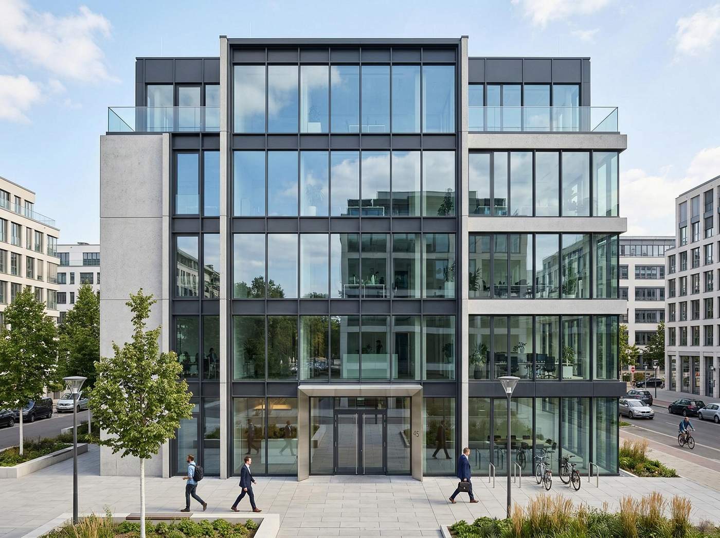 Cladire moderna cu fatada din tamplarie aluminiu si perete cortina din sticla.