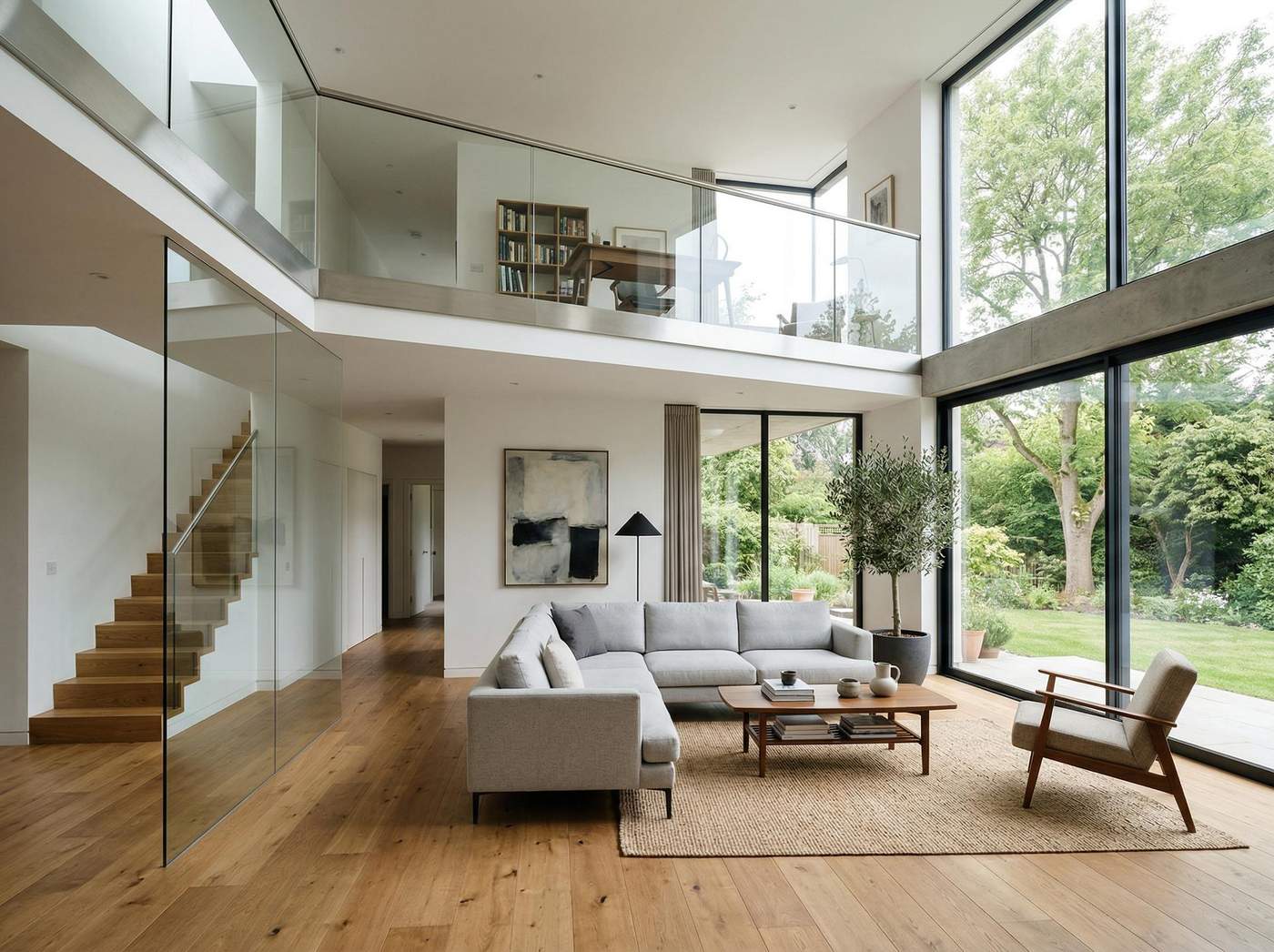 Interior modern cu balustrada din sticla la mezanin si compartimentari elegante.