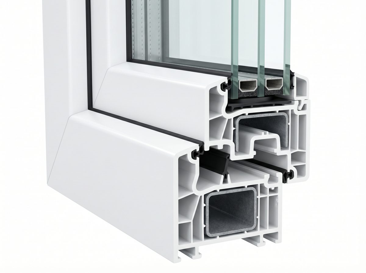Secțiune profil PVC cu 5 camere de izolare, armătură din oțel și geam tripan termoizolant.