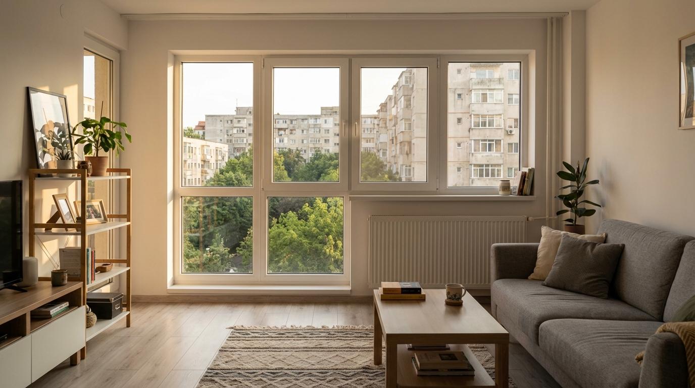 Apartament renovat cu ferestre PVC TC60 — vedere spre cartier românesc.