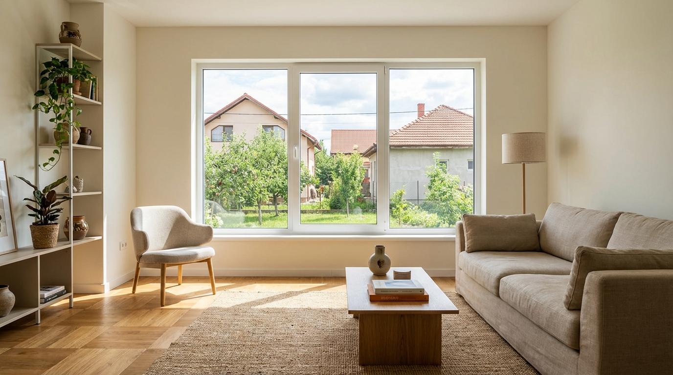 Living spațios cu ferestre PVC TC70 — vedere spre grădină și case românești.