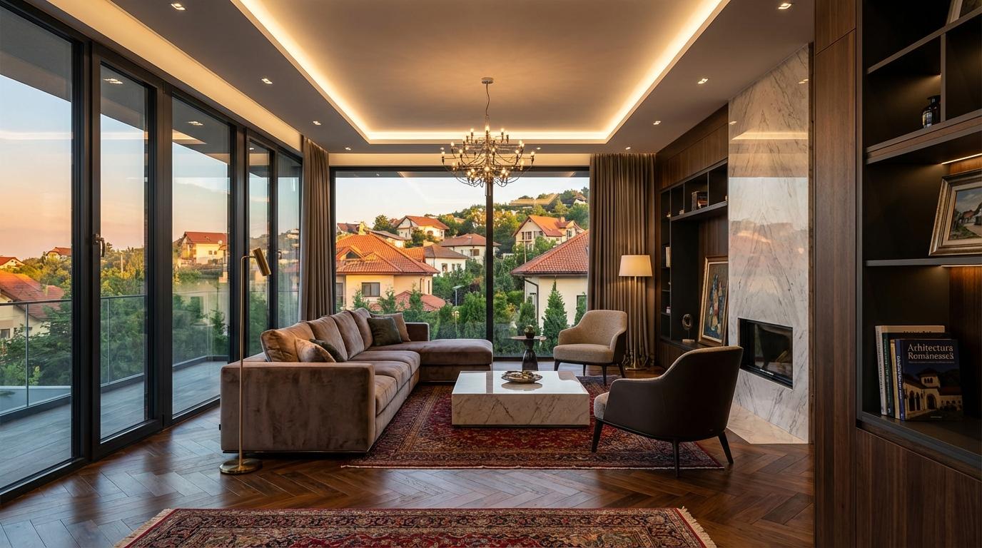 Interior premium cu ferestre PVC TC80+ antracit — vilă modernă din România.